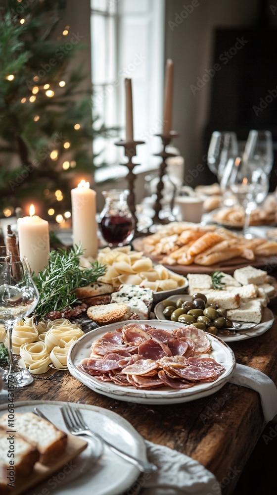 Aufkleber a rustic table spread with italian dishes including fresh pasta olives and bruschetta creating a com