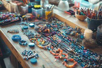 Colorful Collection of Beads and Craft Supplies: A Vibrant Display of Creativity Ready for Jewelry Making and Artistic Projects