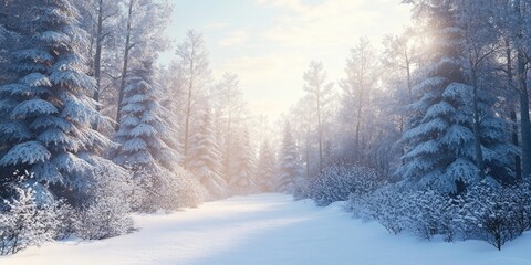 Obraz premium Blank space available for text within a wintery forest covered in snow, providing an ideal setting for winter themed messages or captions.