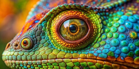 Obraz premium Stunning Closeup of a Jackson's Chameleon Lizard Eye Highlighting its Vibrant Colors and Unique Texture, Captured in Macro Photography Using the Rule of Thirds for Enhanced Composition