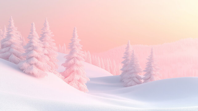 winter forest in snow-capped mountains in soft and delicate tones of pink and peach