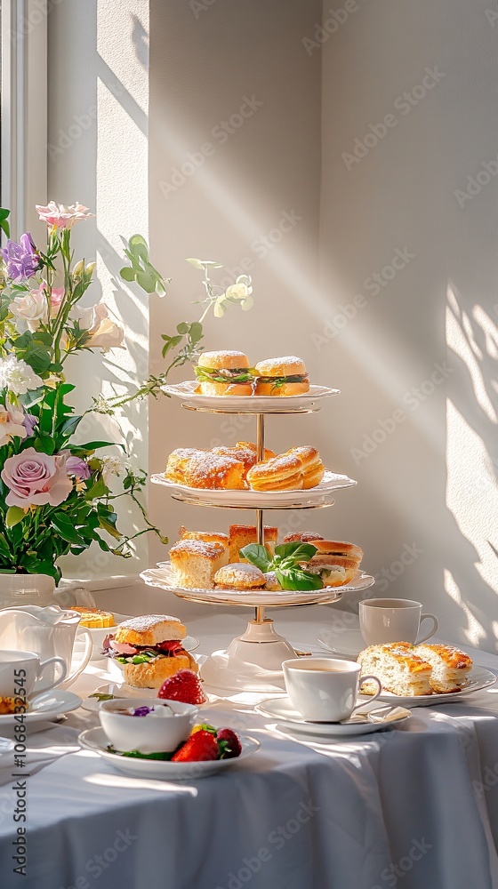 Poster an elegant high tea setup with delicate pastries finger sandwiches and tea cups on a white tableclot