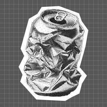 crumpled aluminum can, retro halftone illustration