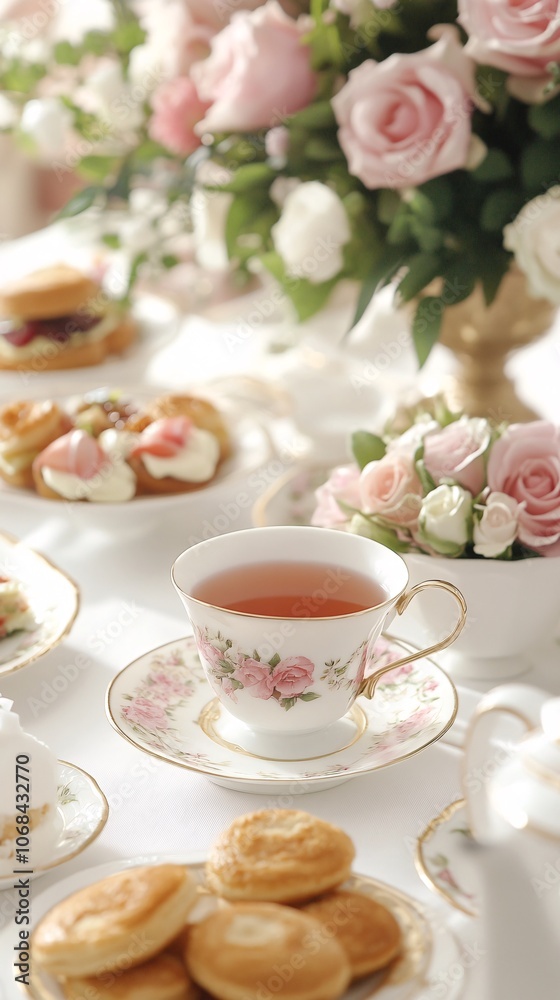 Poster an elegant high tea setup with delicate pastries finger sandwiches and tea cups on a white tableclot