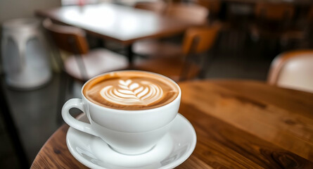Latte Art Coffee Cup on Wooden Table on Transparent Background