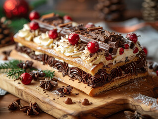 Buche de Noël traditionnelle avec génoise fourrée à la crème au beurre vanille et chocolat au milieu d'une table décorée pour les fêtes de fin d'année