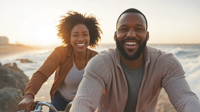 A Black couple rides bicycles along a coastal path, sharing smiles as the sunset casts a golden hue over the crashing waves, creating a romantic and joyful ambiance