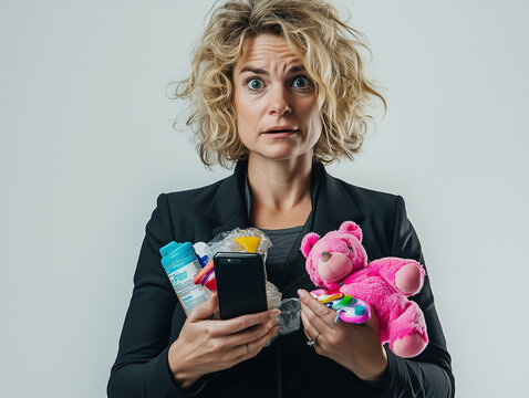 Une femme &eacute;puis&eacute;e en costume corporate jongle entre son travail, repr&eacute;sent&eacute; par un smartphone, et sa vie de m&egrave;re : maternit&eacute; en entreprise, &eacute;quilibre vie priv&eacute;e, b&eacute;b&eacute;, maman et cong&eacute; maternit&eacute;