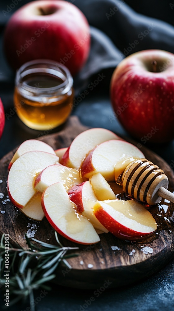 Aufkleber a wooden board with sliced apples brie cheese and honey creating a rustic and elegant snack scene wi