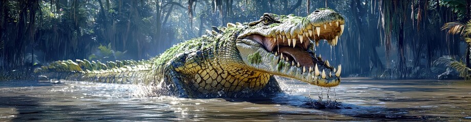 Fototapeta premium Giant Crocodile Rising from Water Surface