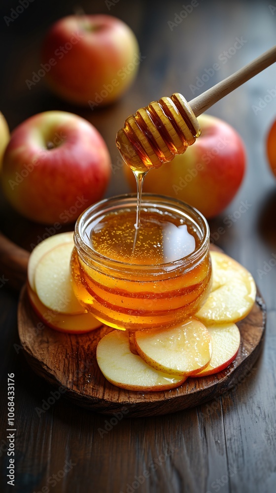 Aufkleber a wooden board with sliced apples brie cheese and honey creating a rustic and elegant snack scene wi