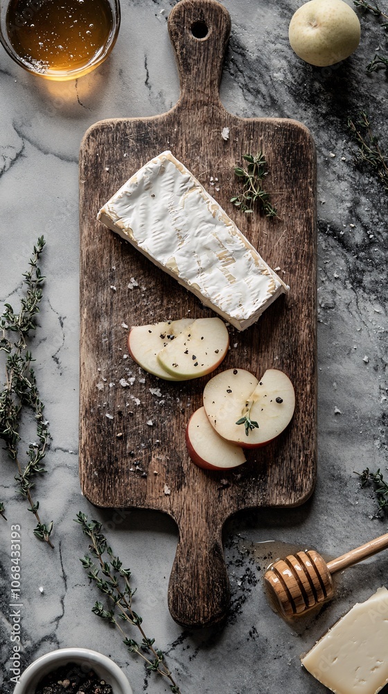 Poster A wooden board with sliced apples brie cheese and honey creating a rustic and elegant snack scene with side empty space for text Stockphoto style