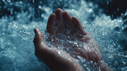 Fototapeta premium Close-up of male hands lifted with water, creating splashes as ocean waves crash onto droplets. Raindrops fall gently, captured in a blurred background for a tranquil effect.