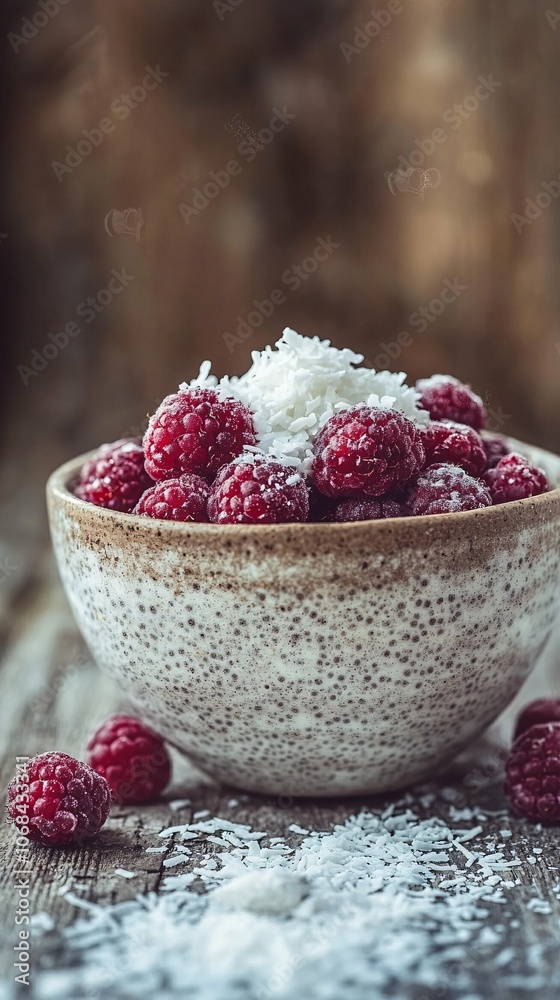 Poster a hearty bowl of chia pudding topped with mixed berries and coconut flakes on a rustic table highlig