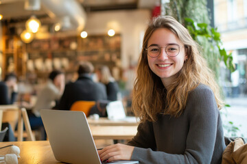 Smiling woman working on laptop in cozy café