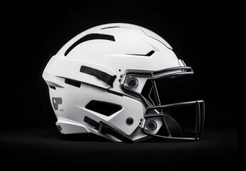 Fototapeta premium A football helmet with a black stripe on the side is displayed on a black background. Blank space for logo or text