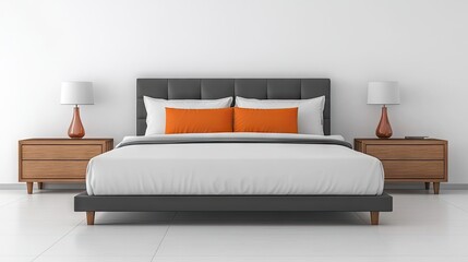 A spacious bedroom space includes a large bed complemented by two stylish nightstands, creating an inviting atmosphere for relaxation. Ample copy space enhances this bedroom scene.