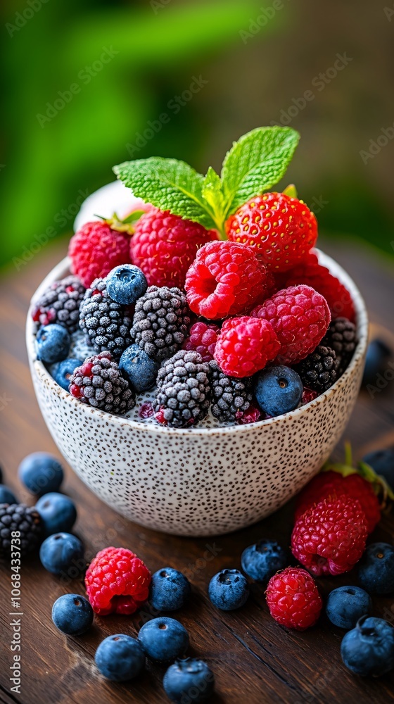 Poster a hearty bowl of chia pudding topped with mixed berries and coconut flakes on a rustic table highlig
