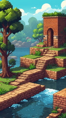 Pixel game level design. Platform game asset, fantasy 8 bit environment. Building with stone steps
