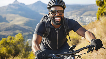 A Black man rides his mountain bike with determination along a rugged trail, smiling as he embraces the thrill of the great outdoors in a picturesque landscape