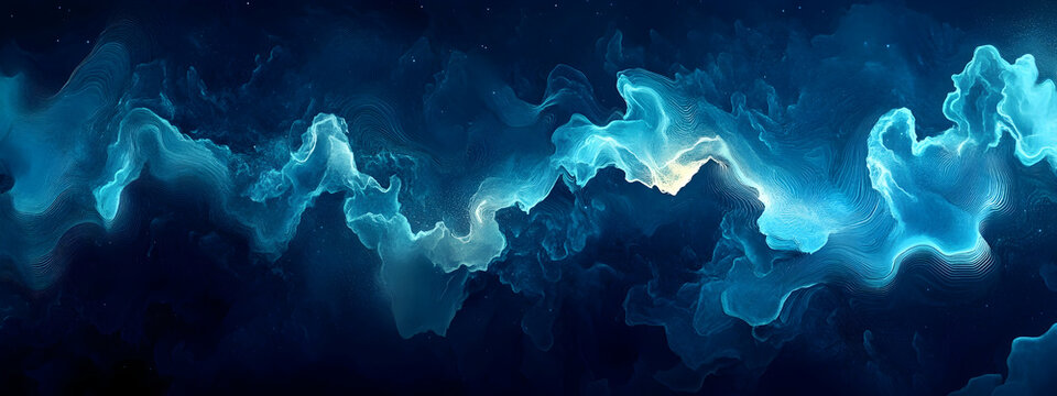 Podcast cover background design with abstract sound wave motifs in dark blue and bright cyan, perfect for music or audio-related content