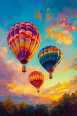 Fototapeta premium Three hot air balloons flying in the sky at sunset
