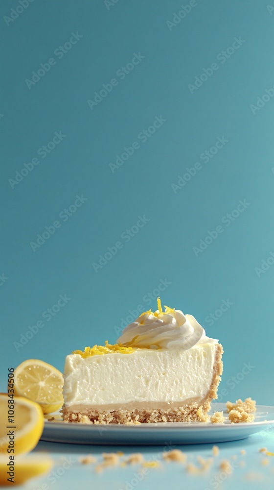 Aufkleber A dessert plate featuring a slice of lemon cheesecake garnished with lemon zest on a minimalist background creating a fresh and inviting look with side empty space for text Stockphoto style