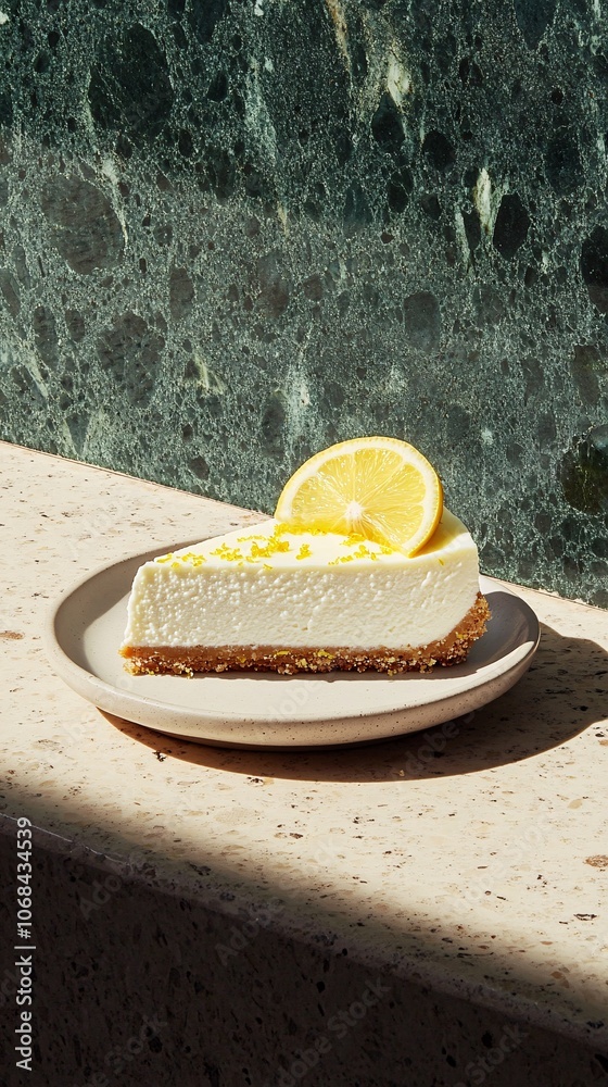 Poster A dessert plate featuring a slice of lemon cheesecake garnished with lemon zest on a minimalist background creating a fresh and inviting look with side empty space for text Stockphoto style