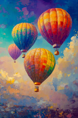 Fototapeta premium A painting of three hot air balloons flying in the sky