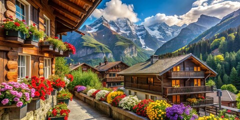Stunning Flowerbox Displays on Swiss Chalets in Murren, a Picturesque Walser Mountain Village in the Bernese Highlands, with Schilthorn Mountain in the Background