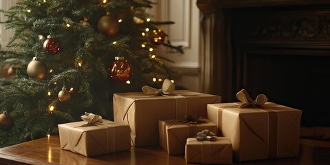 Obraz premium Presents beautifully wrapped in craft paper are placed on a table next to a Christmas tree adorned with festive ornaments. The scene captures the essence of the holiday spirit.