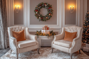 A cozy waiting area in a beauty salon or a hotel with a Christmas wreath on a wall, festive garlands, a luxurious and attractive atmosphere