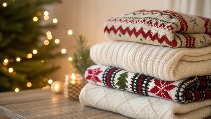 Festive stack of Christmas sweaters with holiday lights
