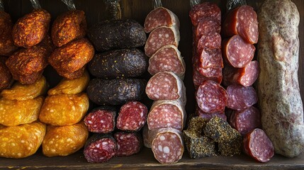Vertical arrangement of assorted, scaly sun-dried meats with seasoning, presented in a butchers shop, offering a vibrant display of meats for culinary inspiration and creativity.