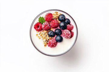 Bowl of yogurt topped with granola, strawberries, and raspberries on white background.