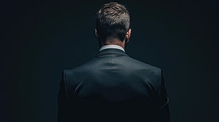 A man in a suit stands confidently, captured from behind, creating a striking image that emphasizes his attire and presence, with ample copy space for added text.