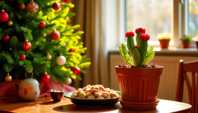 schlumberger with blooming flowers next to festive cookies and decorated Christmas tree in cozy indoor setting