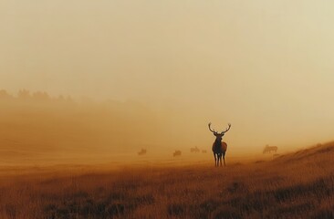 Naklejka premium A deer stands in a field of tall grass. The sky is hazy and the sun is low in the sky. Sport hunting