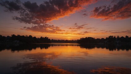 sunset over the river , A calm lake reflects a vibrant sunset sky with orange and purple clouds. Trees line the shore.