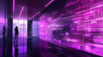 software codes augmented reality display in futuristic modern office tech environment, cyber tech background 