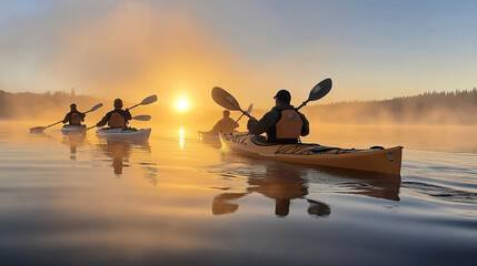 Fototapeta premium In the early morning, a group of Black kayakers paddles quietly across a tranquil lake, with mist rising from the water and the sun illuminating the horizon