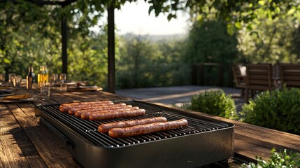 Barbecue grill loaded with sausages on a wooden table in an outdoor terrace setting, perfect for a summer gathering. The barbecue grill invites delicious cooking moments.