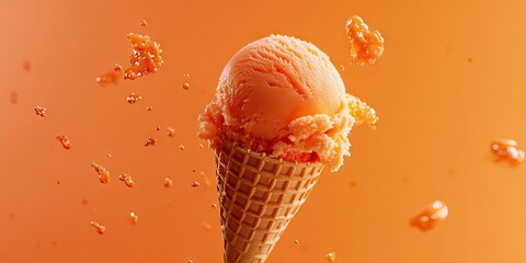 Aerial perspective of lively orange ice cream in a waffle cone, set against a bright orange background. This colorful scene captures the essence of summer indulgence.