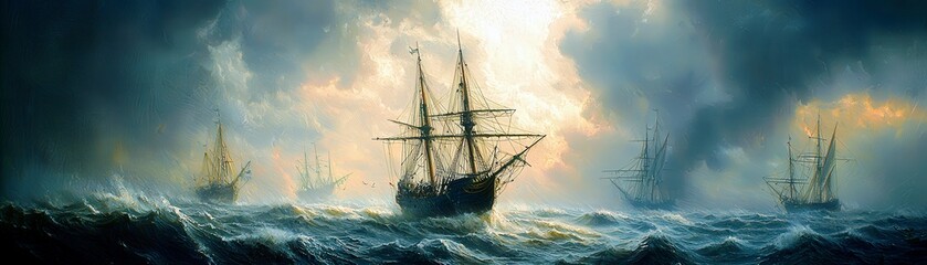 Fototapeta premium Dramatic Maritime Scene with Vintage Sailing Ships