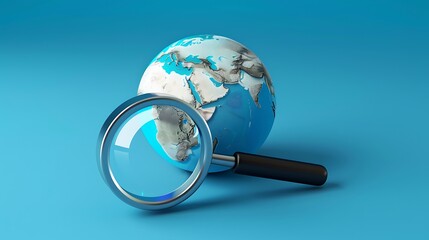Blue magnifying glass with a globe on a blue background. The globe is in focus and the magnifying glass is slightly out of focus.