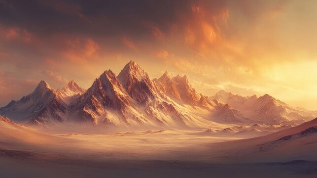 Mountain range bathed in the warm glow of the evening sun creates a stunning landscape. This captivating scene of mountains captures the essence of tranquility with ample copy space.