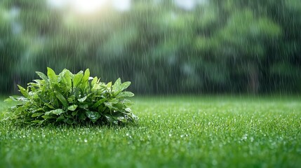 Rain nourishes lush green plants in a serene natural landscape