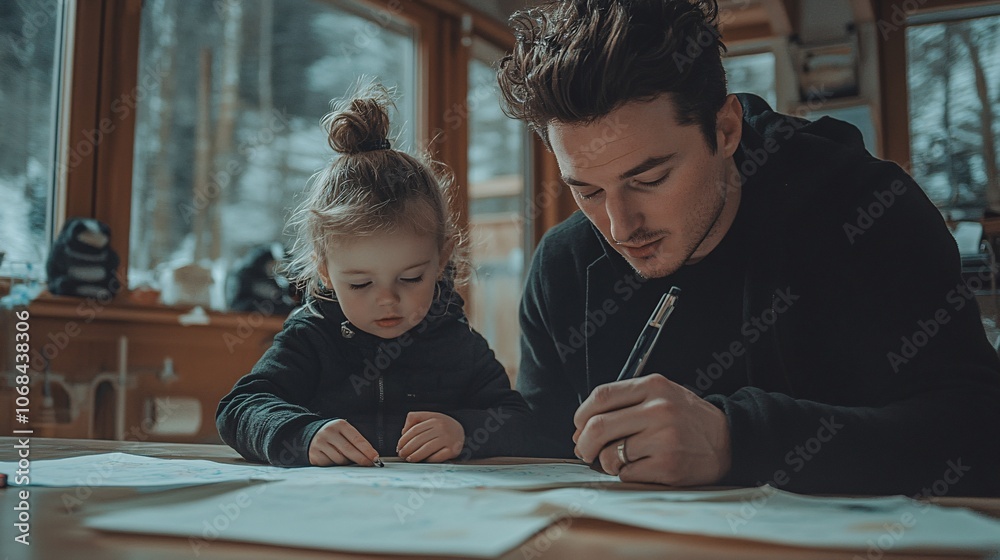 Poster Father helping his child with homework in a cozy home environment capturing support and learning with side empty space for text, Stockphoto style