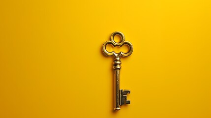 A gold key on a yellow background. The key is made of metal and has a shiny surface. The background is a flat yellow color.
