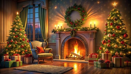 Fototapeta premium Cozy Christmas Interior with Fireplace, Arches, and Festive Decor for Holiday Inspiration